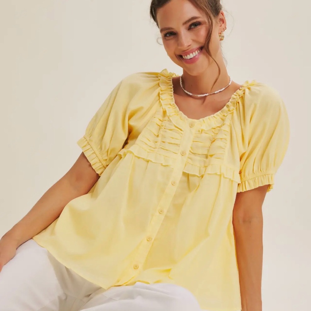 Women’s Ruffle-Trim Yellow Button Front Top